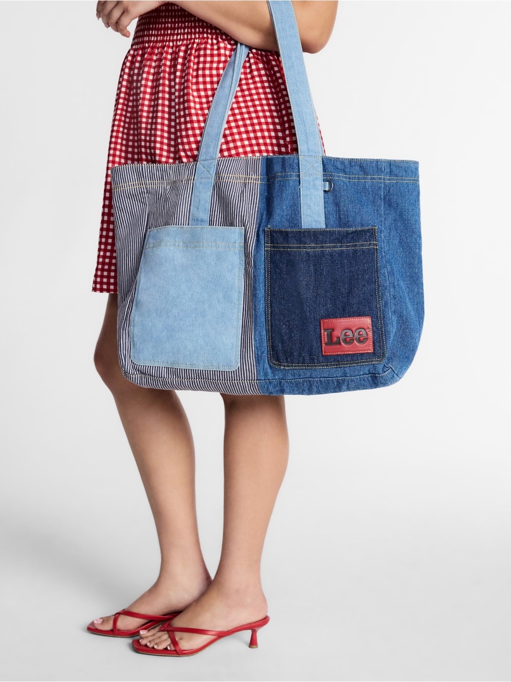 Lee Patchwork Denim Tote in Light and Dark Blue - Picture 2 of 7